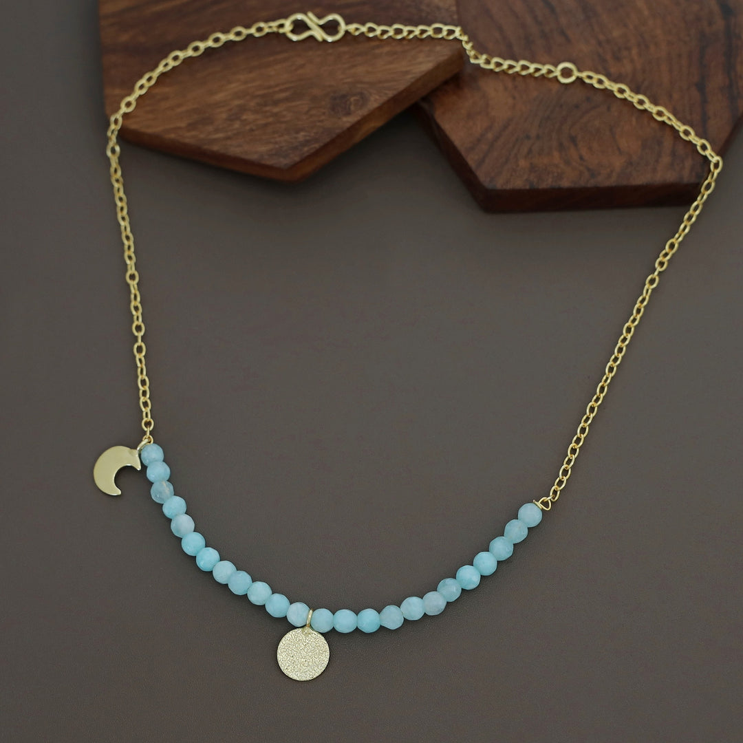 Zahrah Golden Textured Circle Moon And Star Beaded Neckpiece