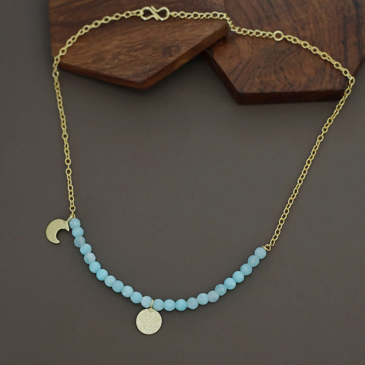 Zahrah Golden Textured Circle Moon And Star Beaded Neckpiece