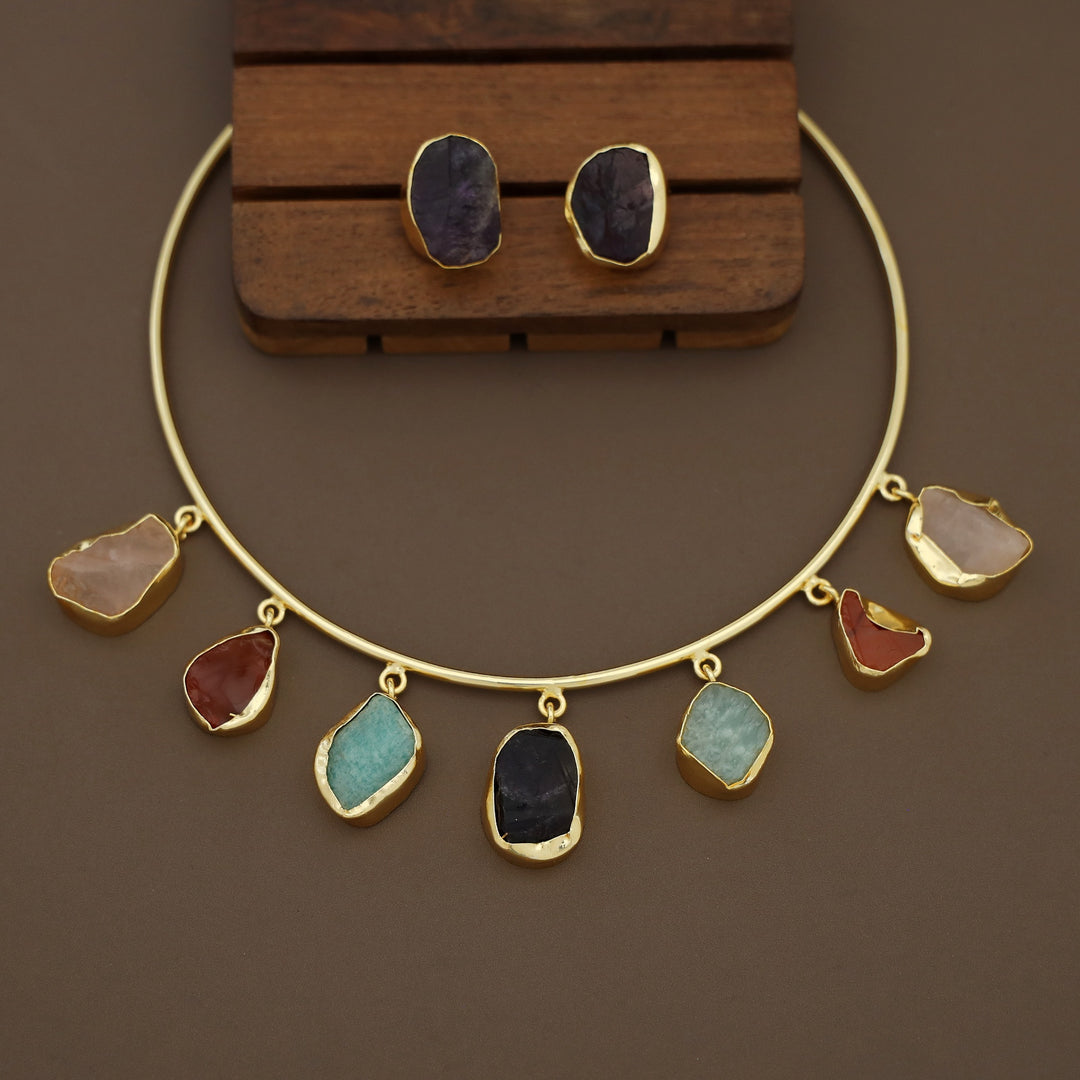 Golden 7 Raw Stone Neck Cuff with Earring