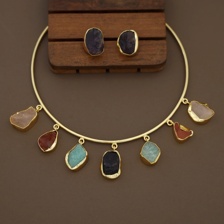 Golden 7 Raw Stone Neck Cuff with Earring