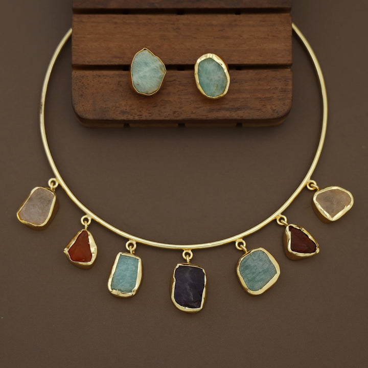 Golden 7 Raw Stone Neck Cuff with Earring