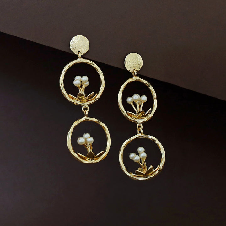 Qiana Dual Hammered Circle Floral  Pearl Earring