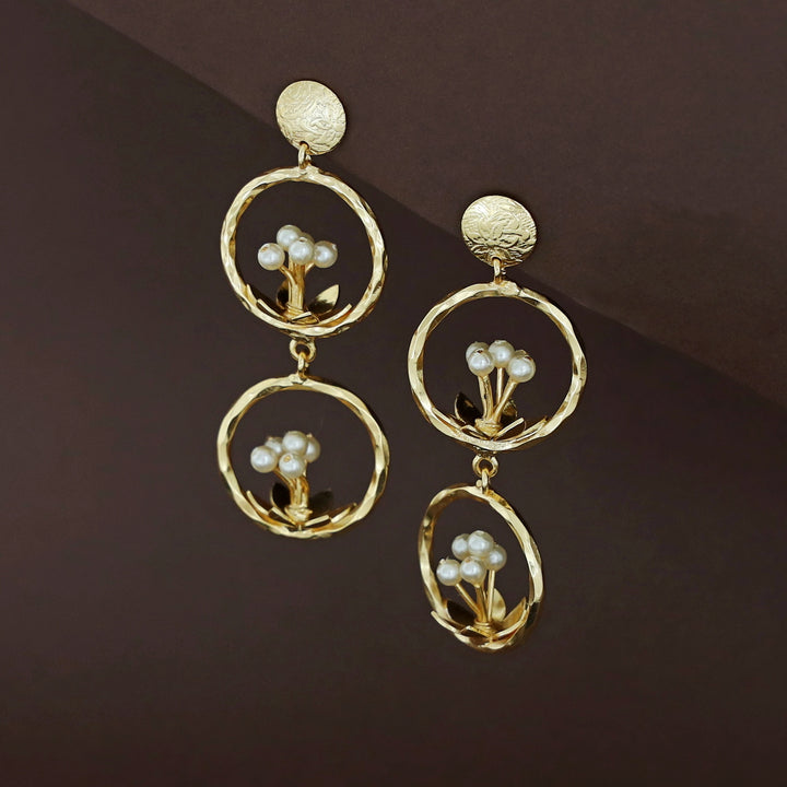 Qiana Dual Hammered Circle Floral  Pearl Earring