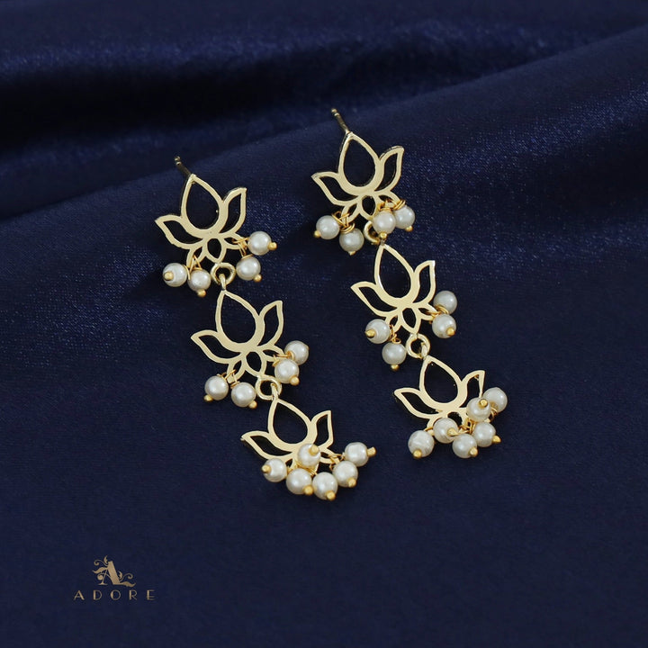 Golden Tri Lotus Pearl Cluster Earring