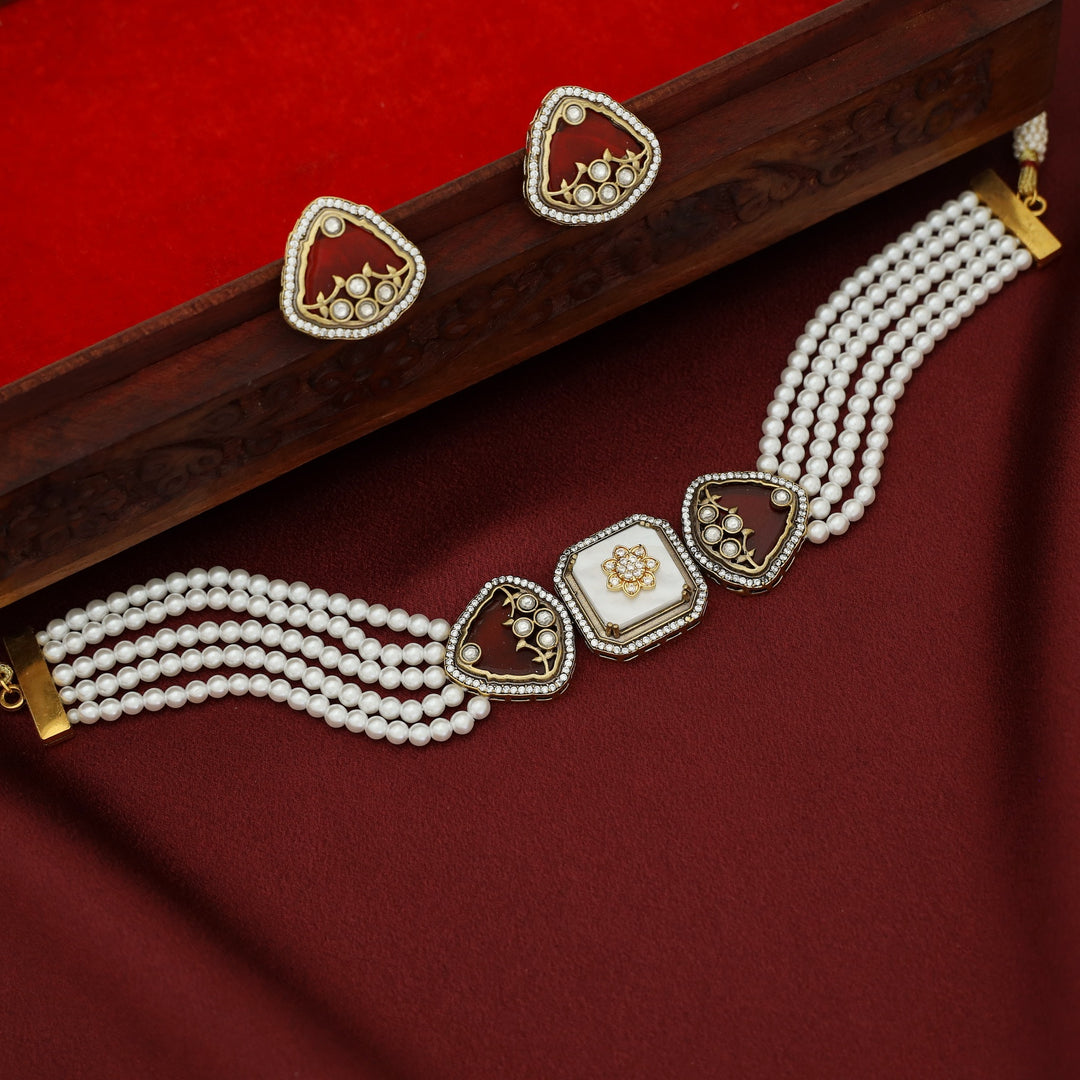 Zinat 5 Layered Pearl Kundan Flower Choker with Stud