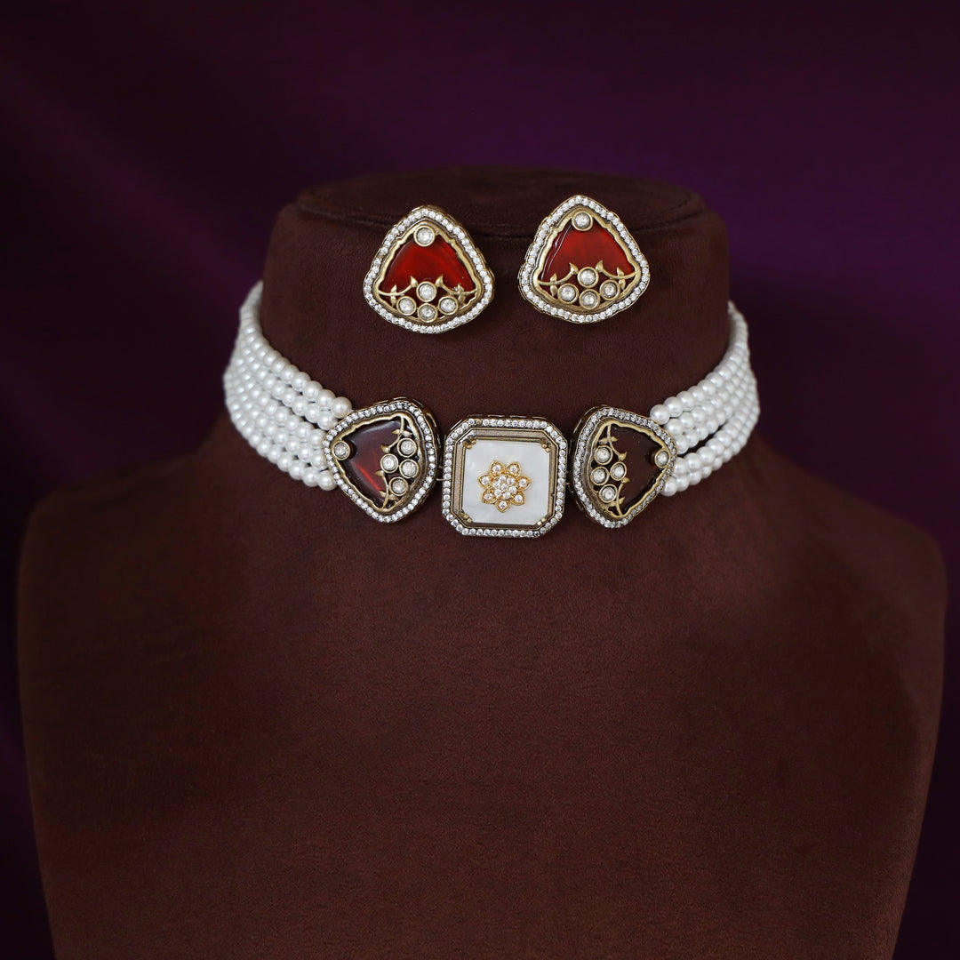 Zinat 5 Layered Pearl Kundan Flower Choker with Stud