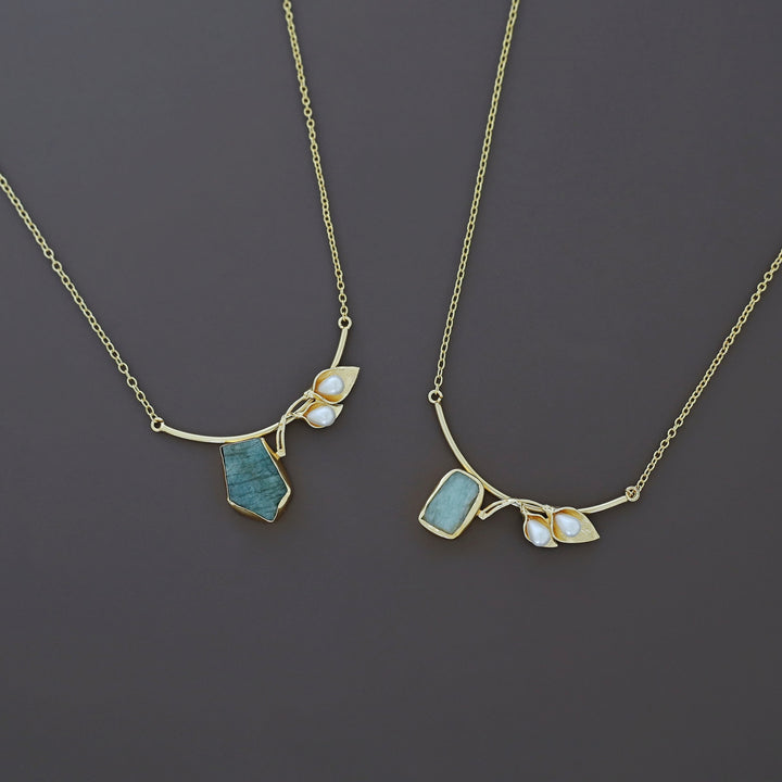 Golden Two Fold Leafy Pearl Raw Stone Neckpiece