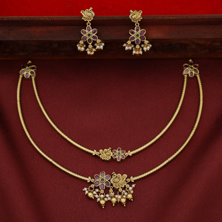 Bhamavathi 2 Layer Golden Ball Floral Mayura Short Neckpiece with Earring
