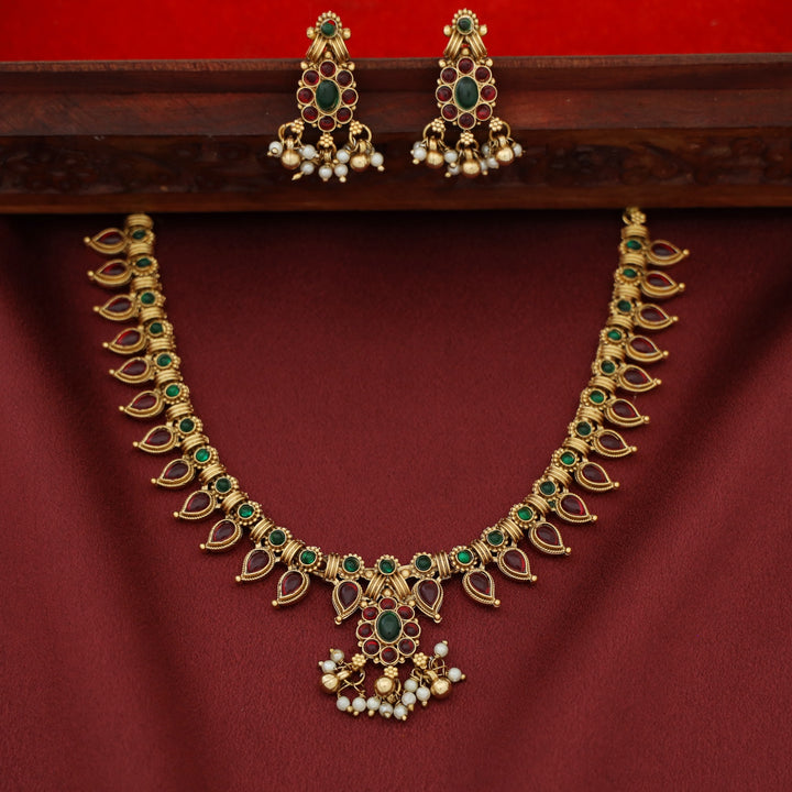 Hansitha Golden ball + Pearl Flower Neckpiece with Earring