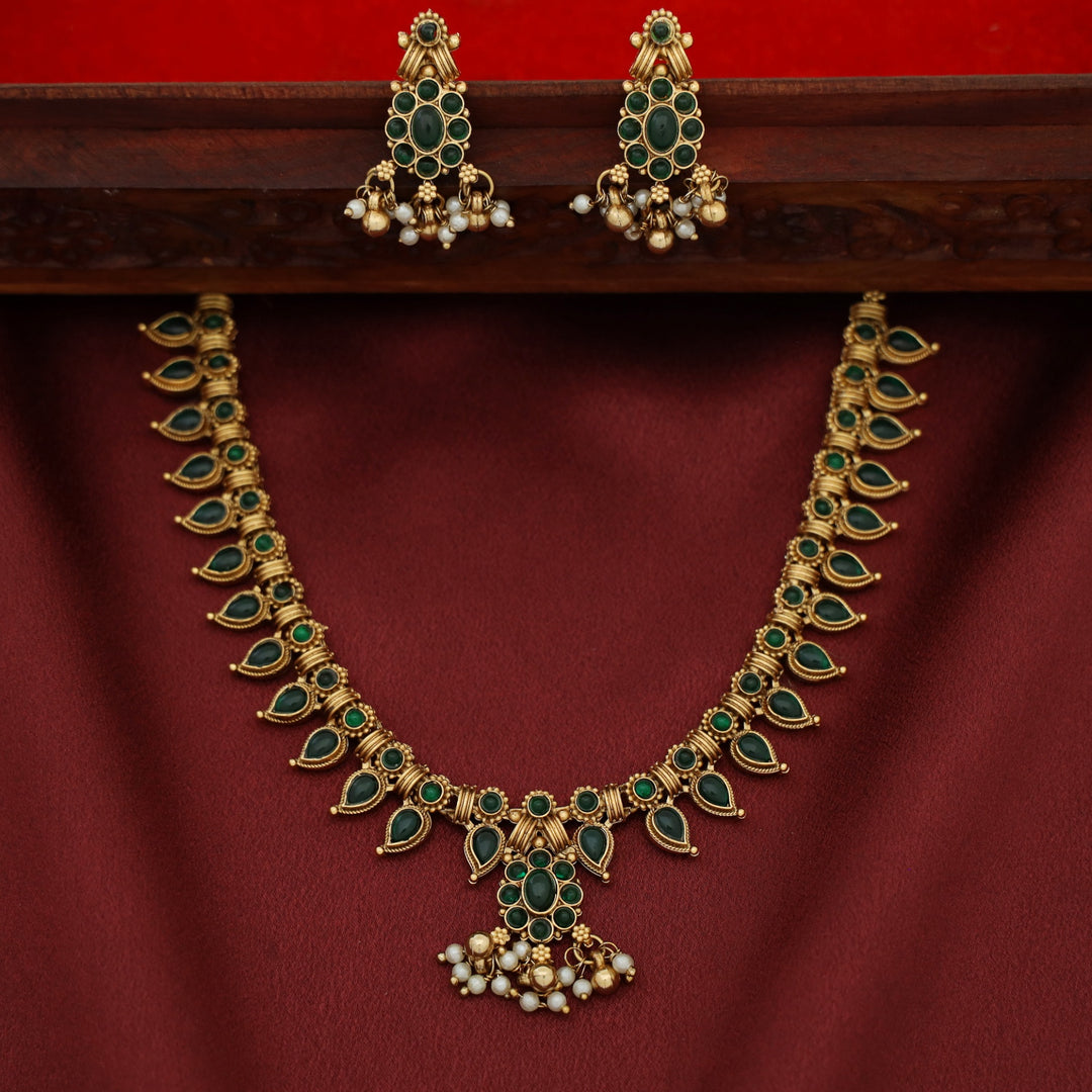 Hansitha Golden ball + Pearl Flower Neckpiece with Earring