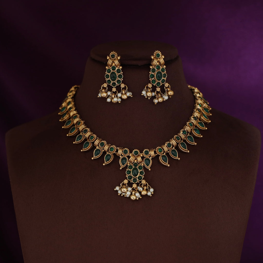 Hansitha Golden ball + Pearl Flower Neckpiece with Earring