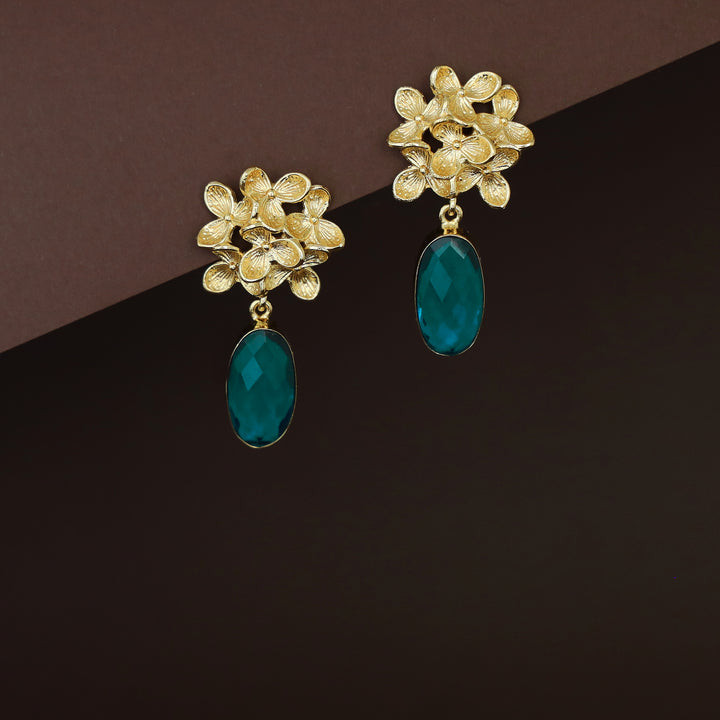 Golden Flower Bunch Oval Glossy Stone Earring