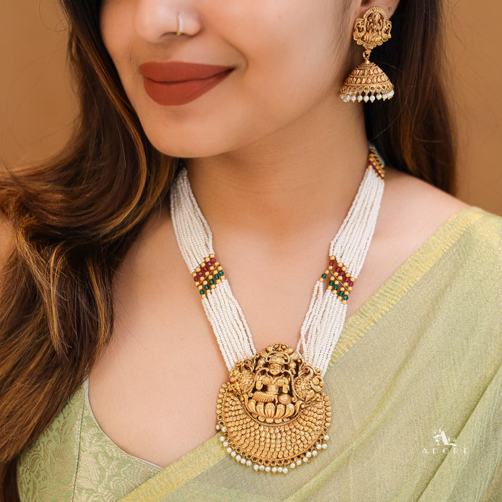 Layered Pearl Lakshmi Haram Neckpiece With Earring