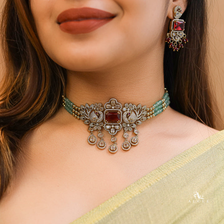 Deeksha Layered Mayura AD Stone Choker With Earring