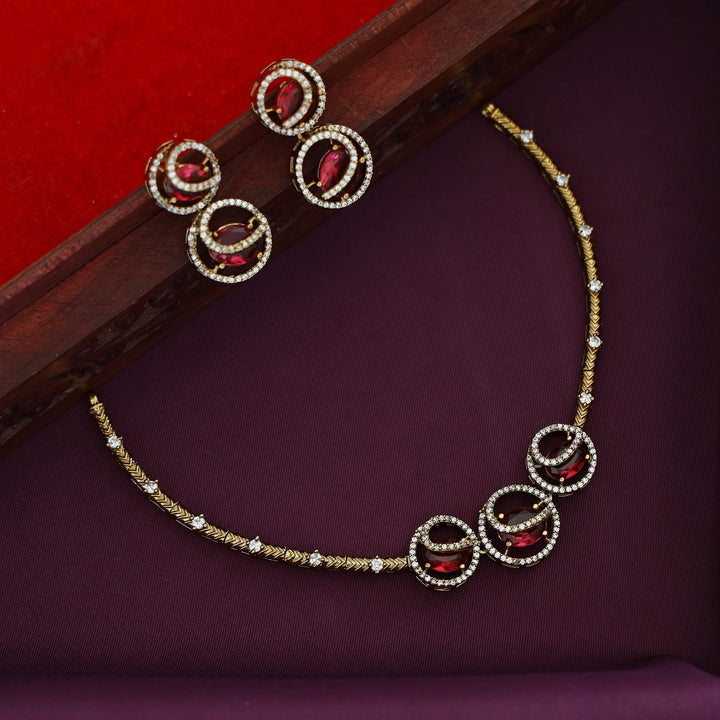 Laksha Tri Circle Oval Glossy Stiff Neckpiece With Earring