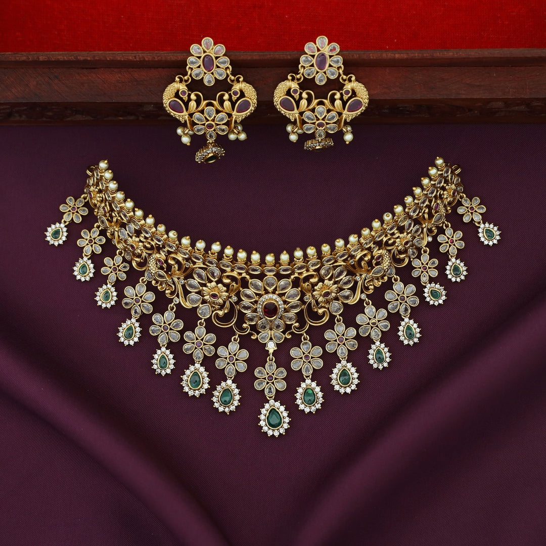 Premium Rugveda Floral Mayura Stiff Choker With Earring