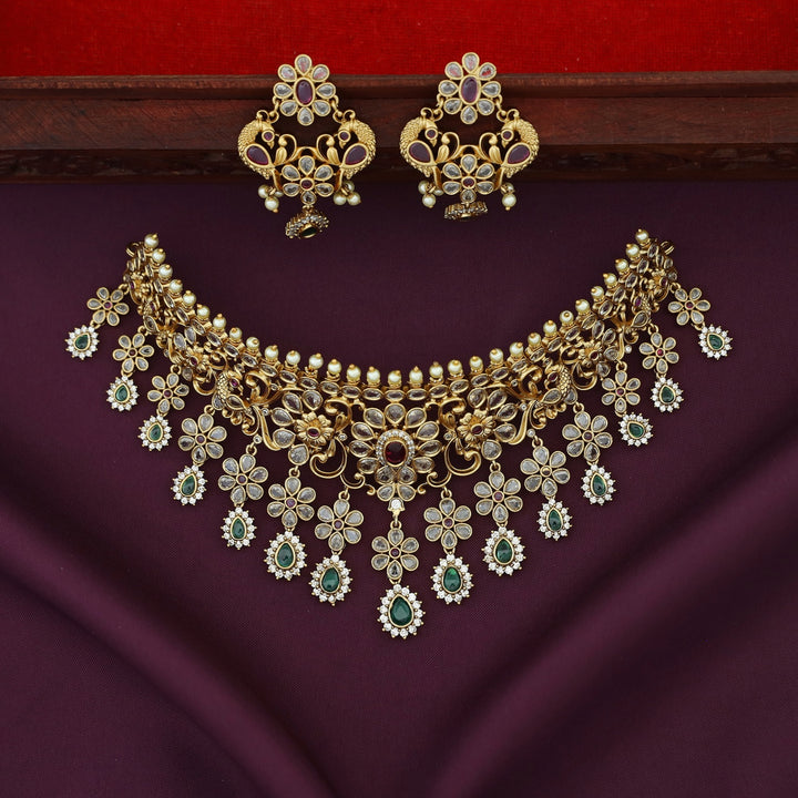 Premium Rugveda Floral Mayura Stiff Choker With Earring