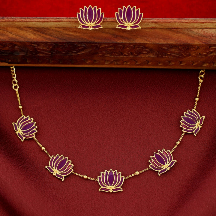 Golden Ball Advaita Enamel Lotus Short Neckpiece / Choker With Earring