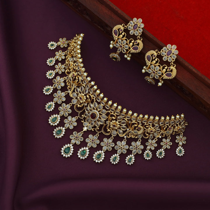 Premium Rugveda Floral Mayura Stiff Choker With Earring
