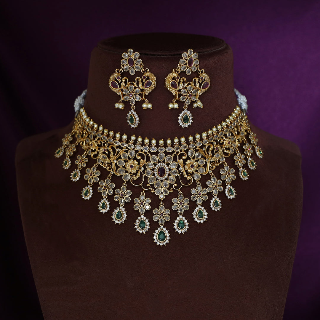 Premium Rugveda Floral Mayura Stiff Choker With Earring