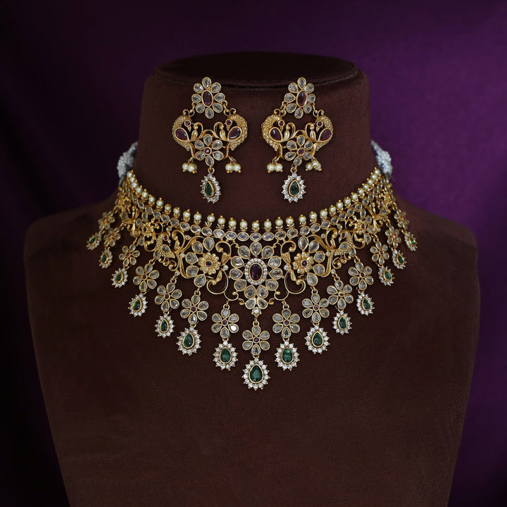 Premium Rugveda Floral Mayura Stiff Choker With Earring