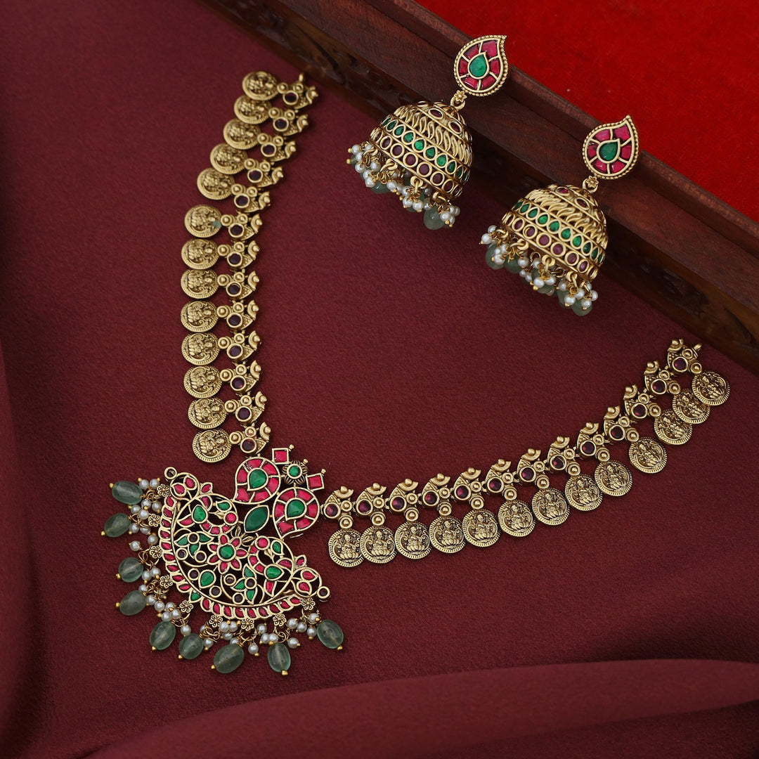 Premium Ikshitha Devi Kashi Jadau Kundan Beaded Short Neckpiece With Earring