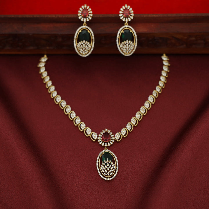 Miraya AD Stone Oval Drop Glossy Short Neckpiece With Earring