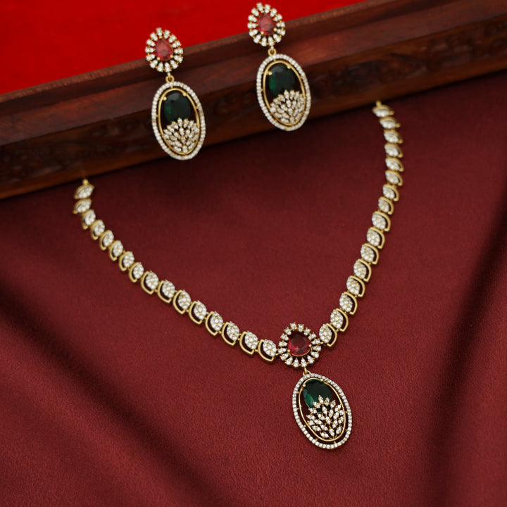 Miraya AD Stone Oval Drop Glossy Short Neckpiece With Earring