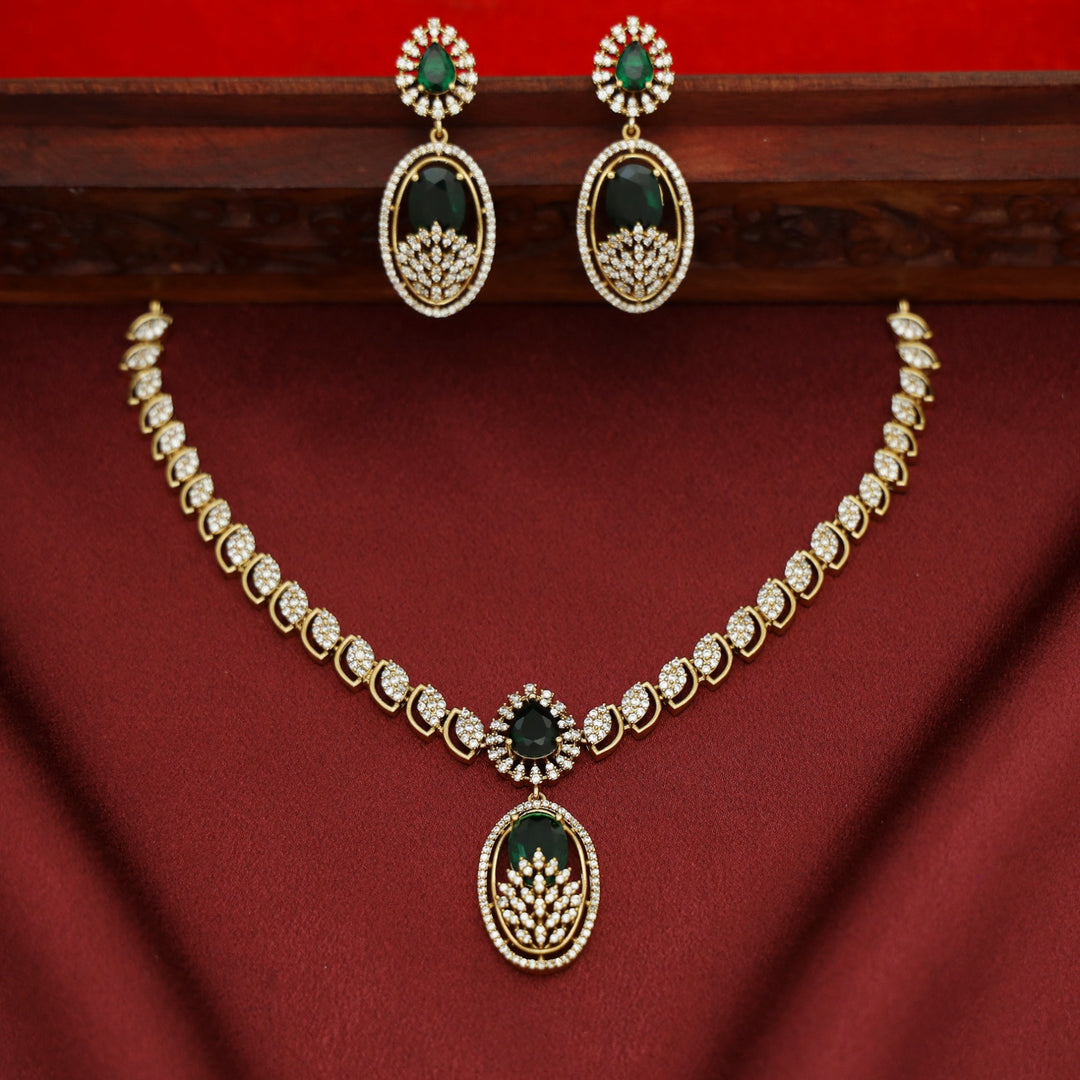 Miraya AD Stone Oval Drop Glossy Short Neckpiece With Earring