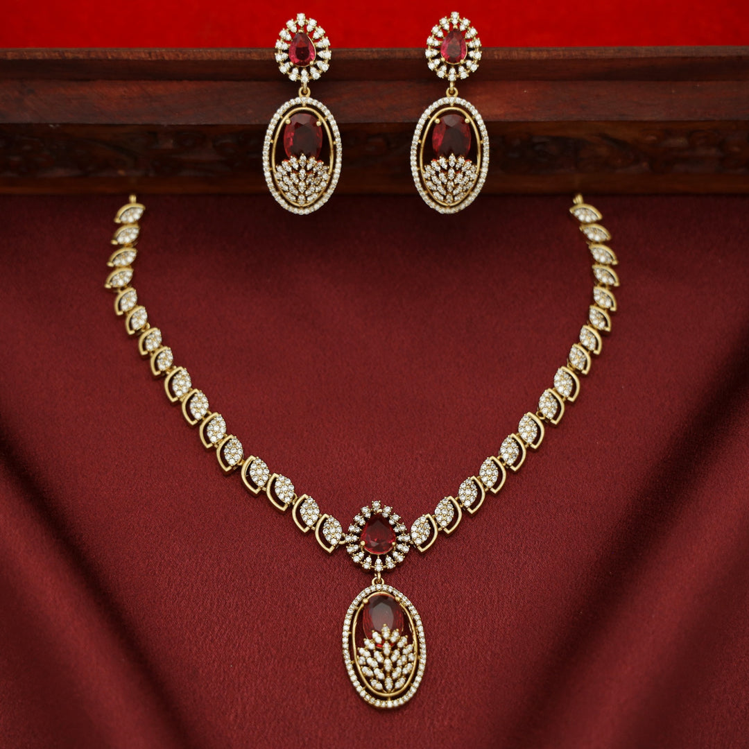 Miraya AD Stone Oval Drop Glossy Short Neckpiece With Earring