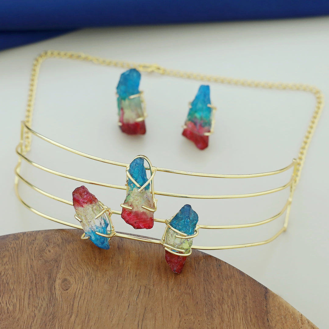 Tiffany 4 Layer Claw Tri Dyed Stone Neck Cuff With Stud