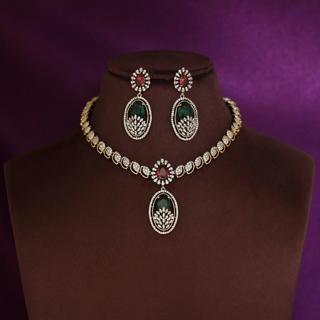 Miraya AD Stone Oval Drop Glossy Short Neckpiece With Earring