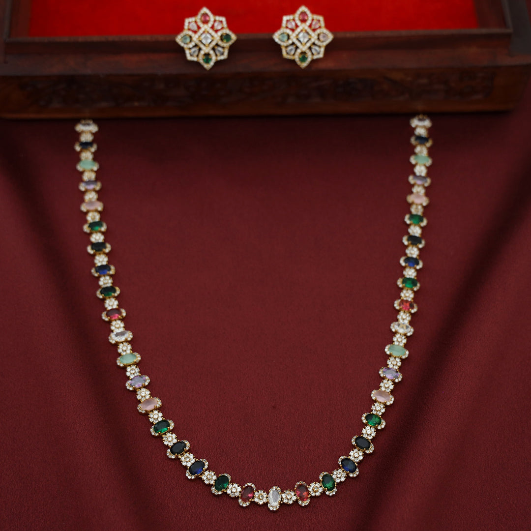 Kairavi AD Stone Flower Oval Glossy Stone Neckpiece With Earring