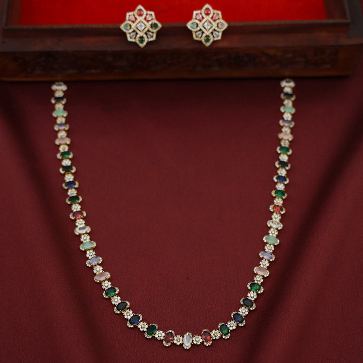 Kairavi AD Stone Flower Oval Glossy Stone Neckpiece With Earring