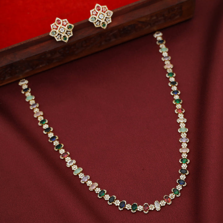 Kairavi AD Stone Flower Oval Glossy Stone Neckpiece With Earring