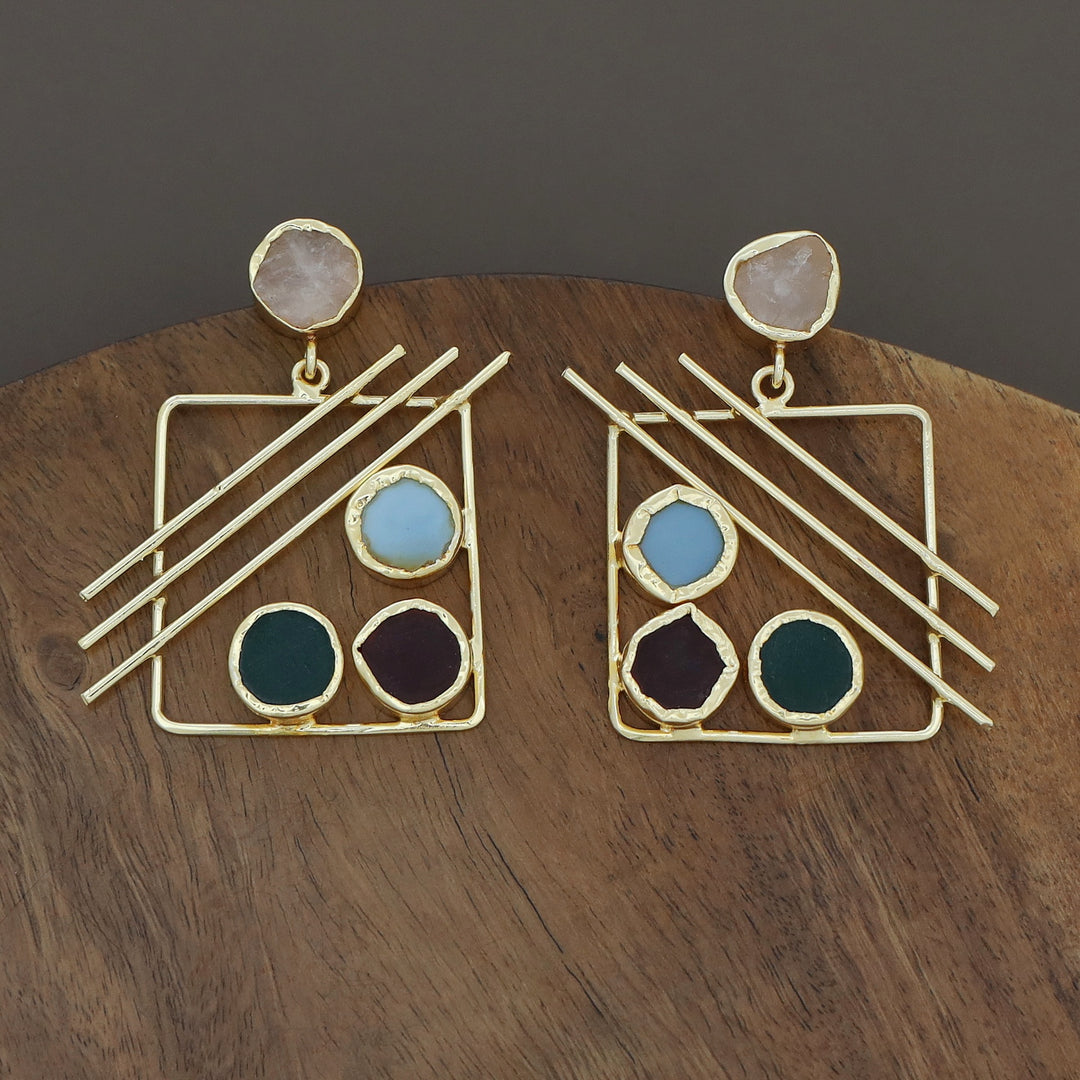 Golden Square Triple Line Raw Stone Earring