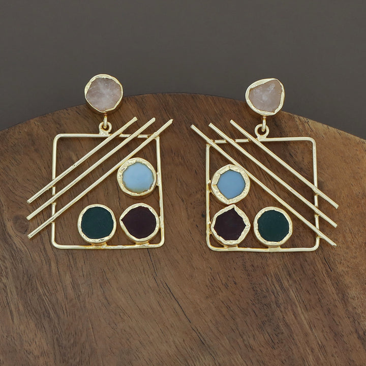 Golden Square Triple Line Raw Stone Earring