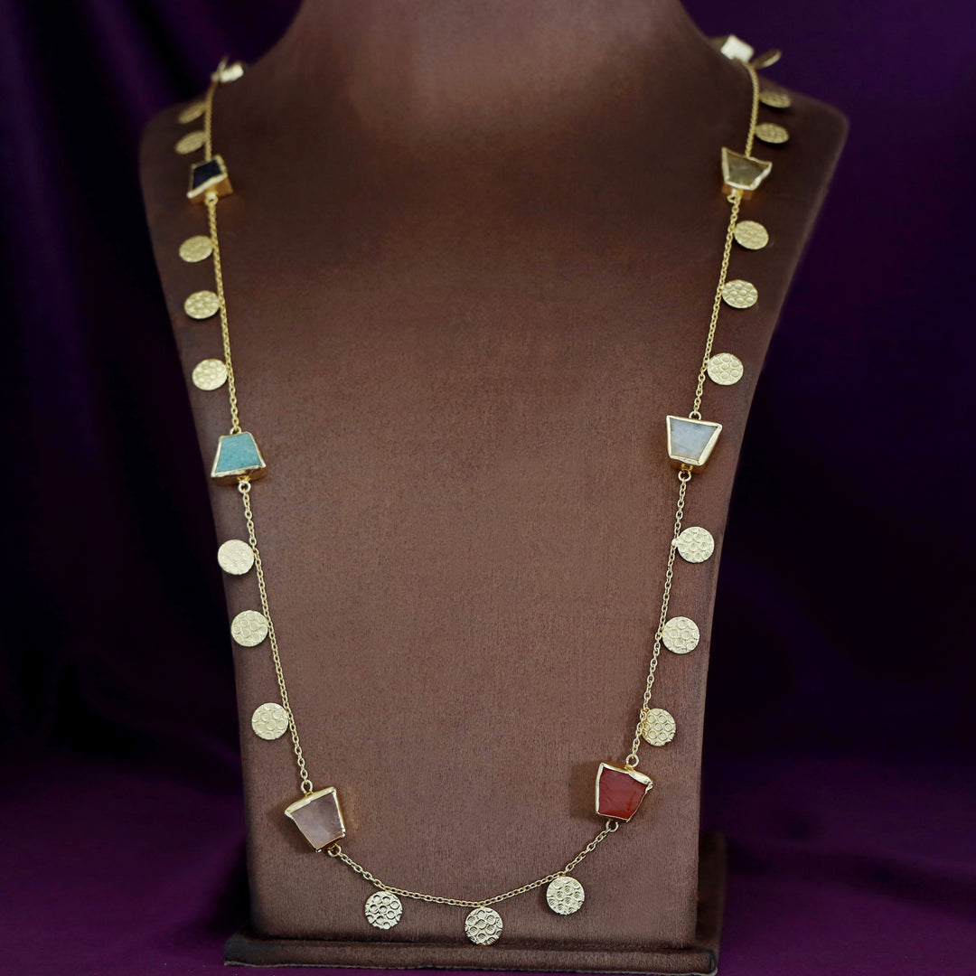 Multicolour Raw Stone + Golden Textured Coin Long Neckpiece