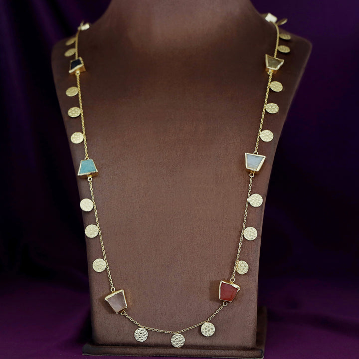 Multicolour Raw Stone + Golden Textured Coin Long Neckpiece