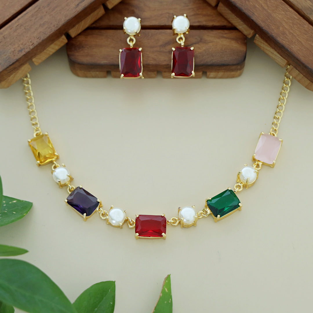 Naksha Multicolour Glossy Pearl Short Neckpiece With Earring