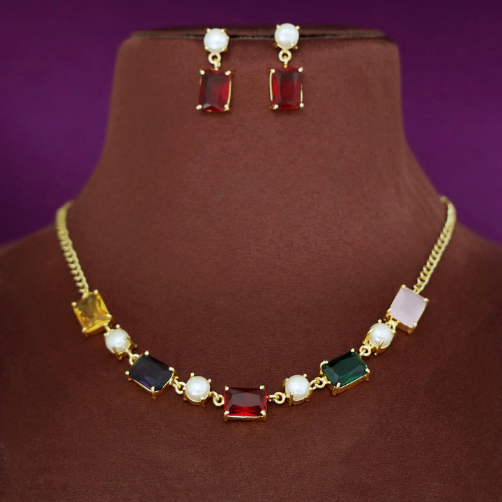 Naksha Multicolour Glossy Pearl Short Neckpiece With Earring