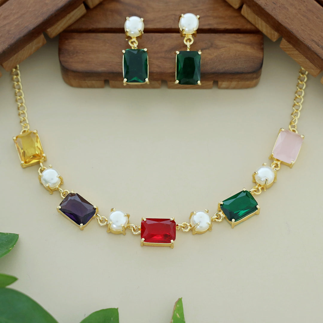 Naksha Multicolour Glossy Pearl Short Neckpiece With Earring