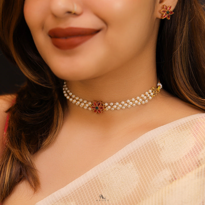 Yashvitha 3 Layer Flower Pearl Choker with Earring