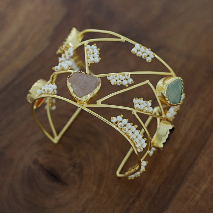 Golden 5 Raw Stone Cluster Pearl Bangle