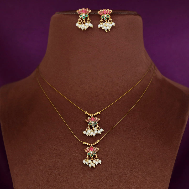 Arusha Mini Lotus Pearl Dual String Neckpiece with Earring