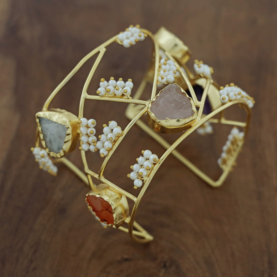 Golden 5 Raw Stone Cluster Pearl Bangle