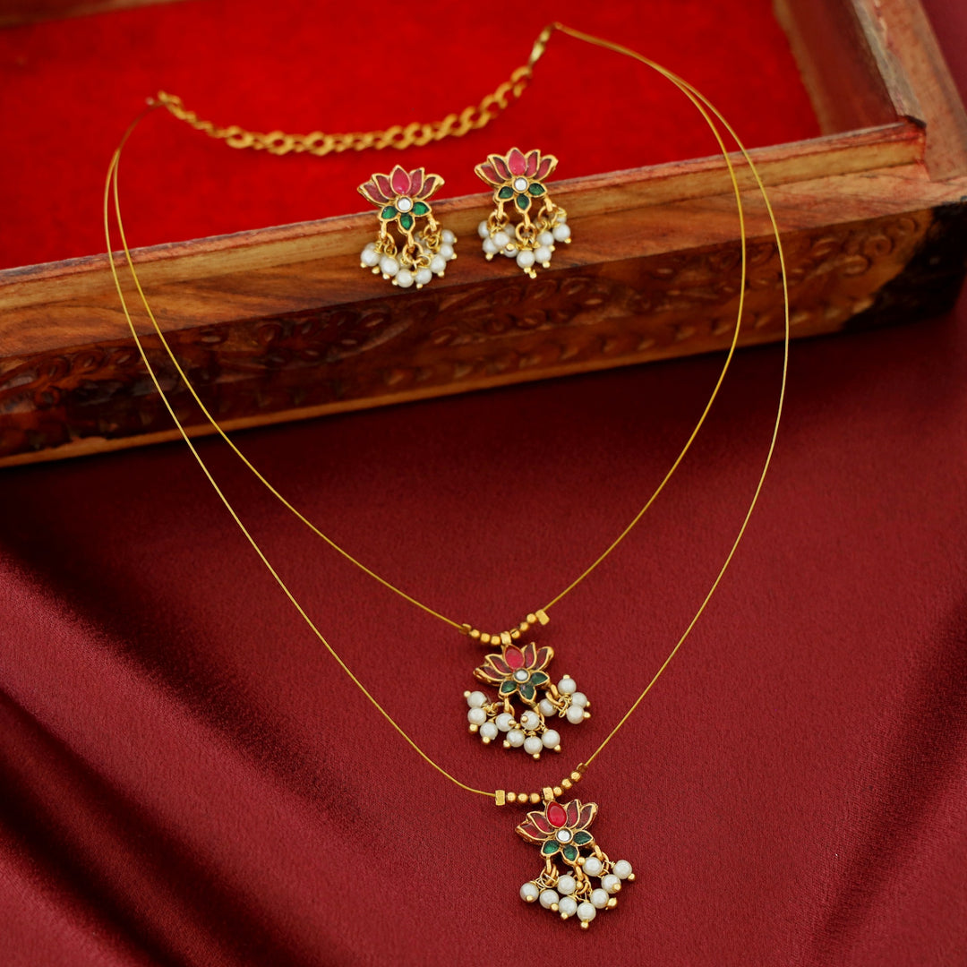 Arusha Mini Lotus Pearl Dual String Neckpiece with Earring