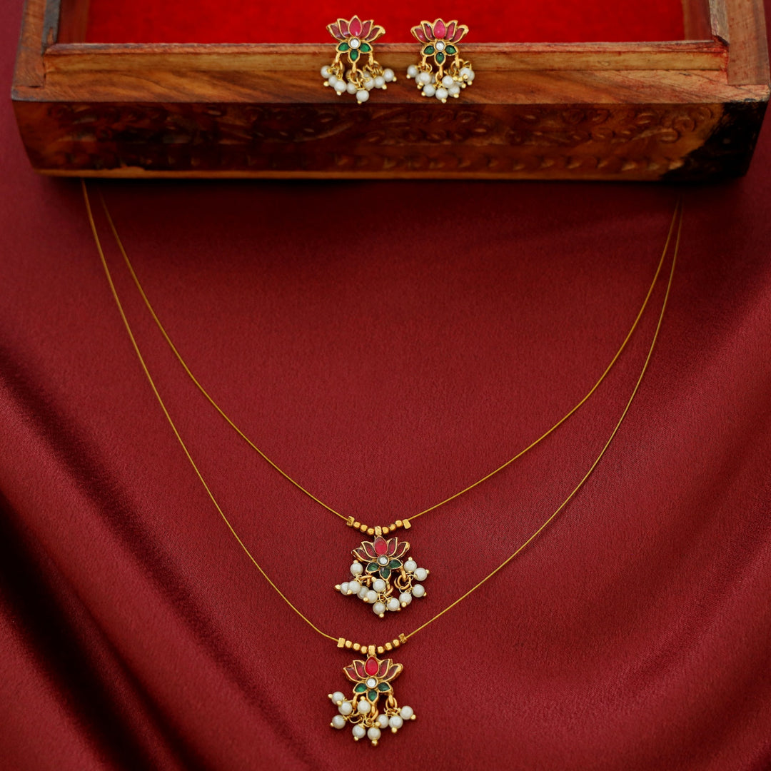 Arusha Mini Lotus Pearl Dual String Neckpiece with Earring