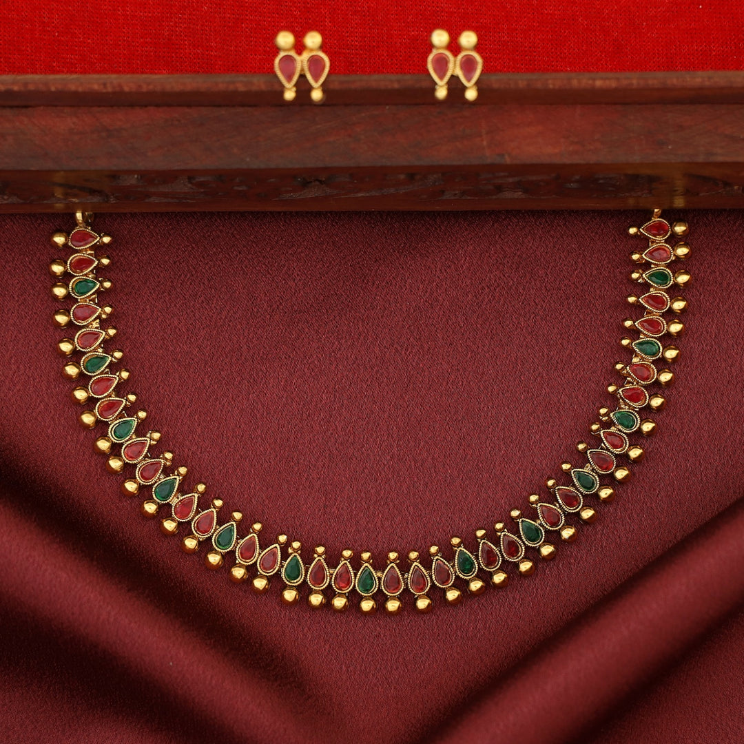 Devalekha Golden Ball Kemp Stone Drop Short Neckpiece With Earring