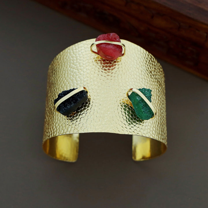 Golden Textured Tri Druzy Stone Hand Cuff